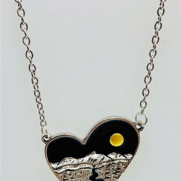 Silver Tone Heart, Mountains, Moon, River and Forest Necklace. - Picture 2 of 2